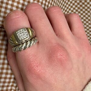 David Yurman Stackable Rings - 18k & 925 Pavé Square Ring and 925 Pure Form 925
